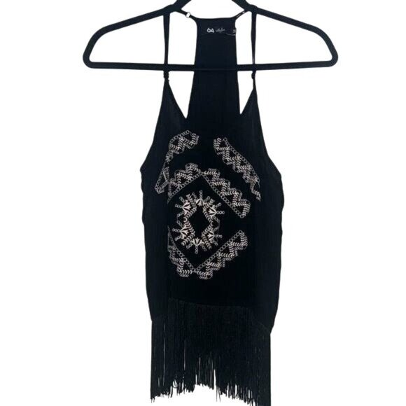 Black Fringe Halter Top With Embroidered Tribal Design By 64 Sixty Five Rayon Ma - Picture 2 of 8
